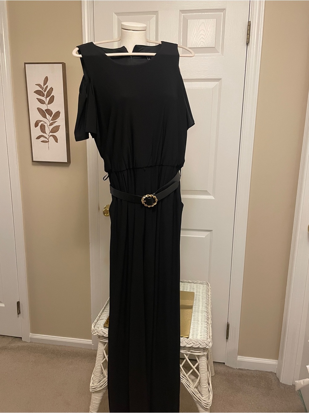 Roz & Ali Black Cold Shoulder Jumpsuit with Pockets & Gold Buckle Belt
